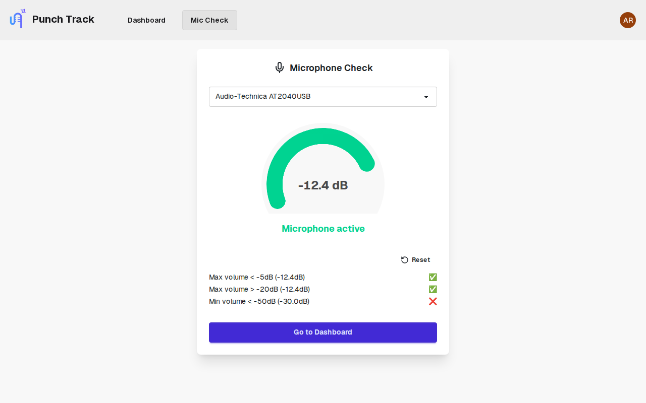 Microphone check with level meters