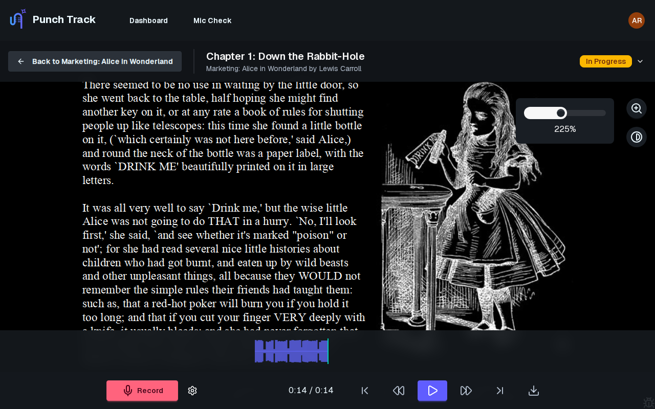 PDF script viewer with inverted colors and zoom controls