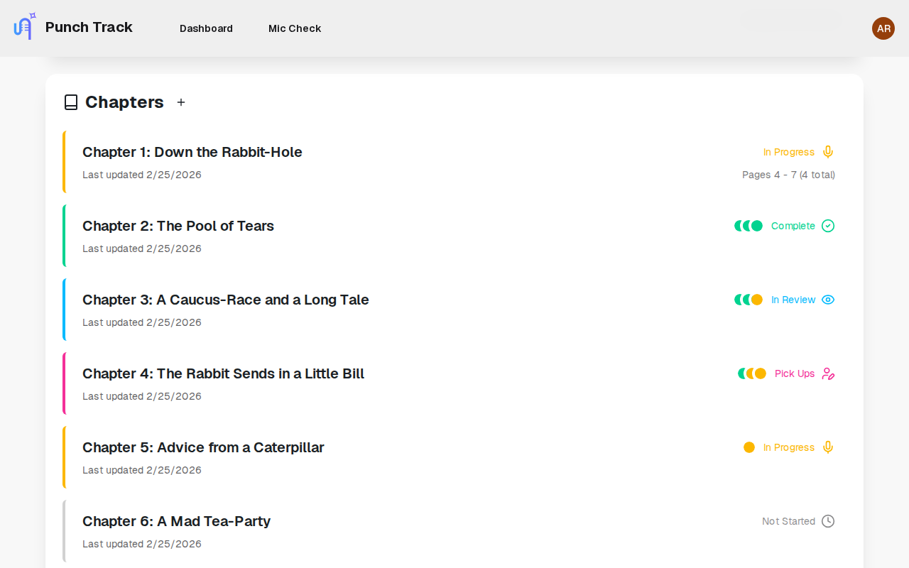 Project dashboard showing chapter progress